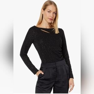 Vince Camuto Long Sleeve Black Sparkle Jersey Asymmetrical Cutout Top NWT L